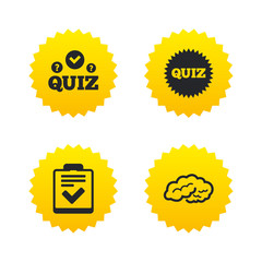 Quiz icons. Checklist and human brain symbols.
