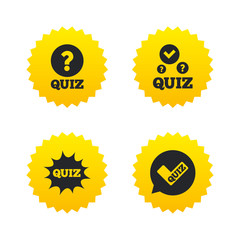 Quiz icons. Speech bubble with check mark symbol