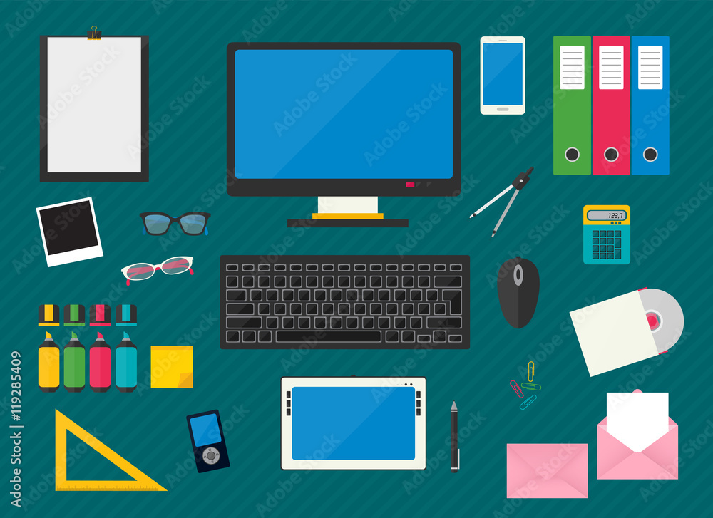 Fototapete vector multicolored computer devices and office objects