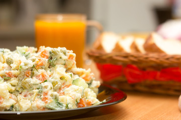 Russian traditional salad, closeup