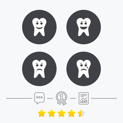 Tooth smile face icons. Happy, sad, cry.