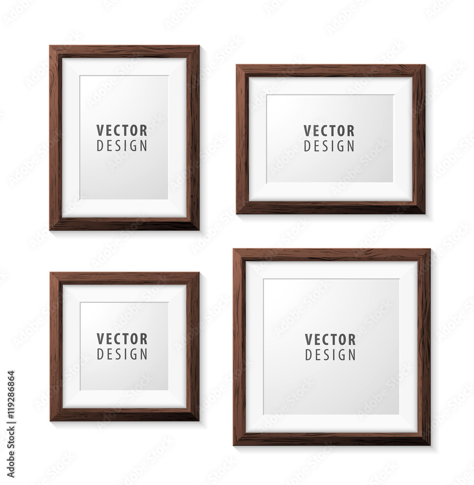 Poster set of realistic minimal isolated wood frames on white background for presentations. vector elements