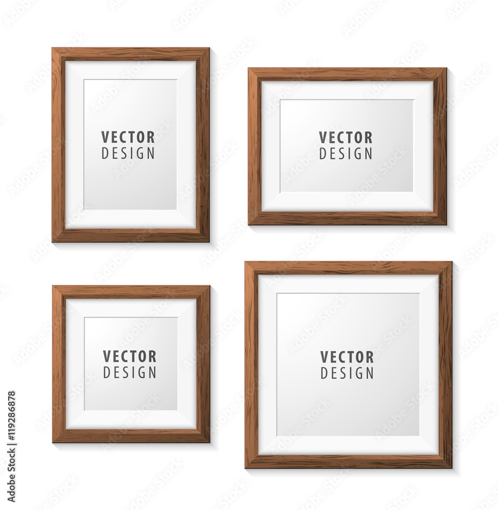 Poster set of realistic minimal isolated wood frames on white background for presentations. vector elements