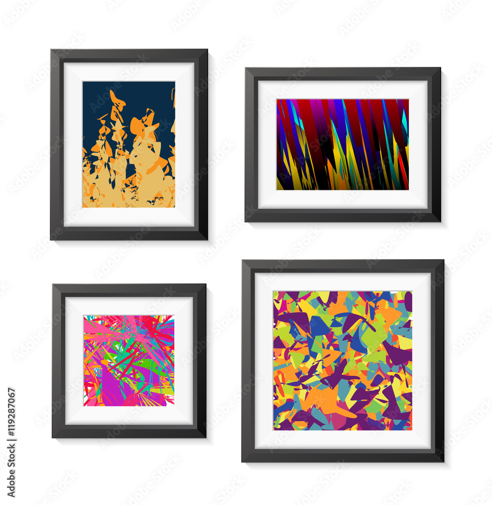 Poster set of realistic minimal isolated black frame with abstract art scene on white background for presen
