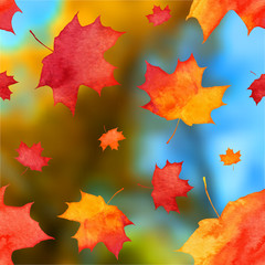 Vector autumn watercolor leaves on blurred background
