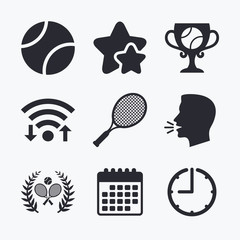 Tennis ball and rackets icons. Laurel wreath.