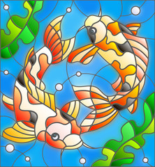 Obraz premium Illustration in stained glass style with a pair of carps on the background of water and algae