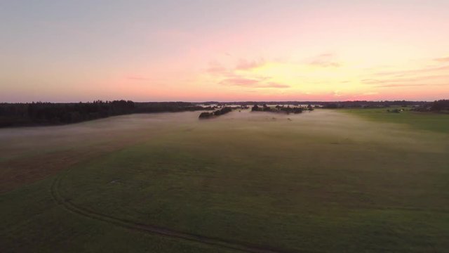 Pink sky over green field. Foggy evening. Aerial footage.