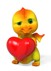Dragon character holding heart 3d rendering