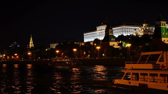 Moscow Kremlin, Moskva River quay, The Grand Kremlin Palace and The Cathedral of the Annunciation in the evening. Time-lapse. UHD - 4K. August 26, 2016. Moscow. Russia
