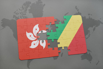 puzzle with the national flag of hong kong and republic of the congo on a world map background.