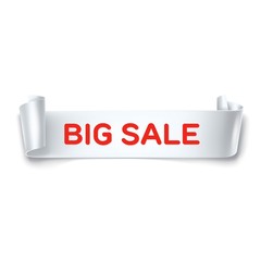 Big Sale inscription on white detailed curved ribbon isolated on white background. Curved paper banner.