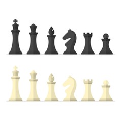 Set black and white chess pieces isolated on white background. Chess pieces including the king, queen, bishop, knight, rook and pawn in flat style.