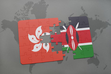 puzzle with the national flag of hong kong and kenya on a world map background.