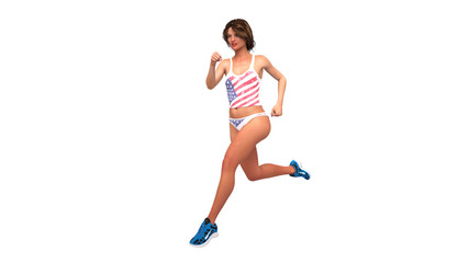 Girl in american flag costume running, athlete jogging on white background