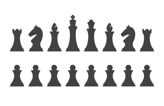 Set chess pieces isolated on white background. Chess pieces including the king, queen, bishop, knight, rook and pawn in flat style.