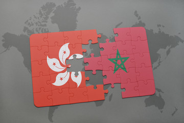 puzzle with the national flag of hong kong and morocco on a world map background.