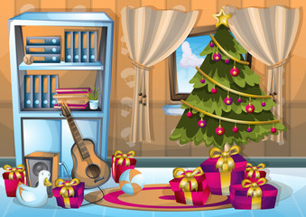 Obraz premium cartoon vector illustration interior Christmas room with separated layers in 2d graphic