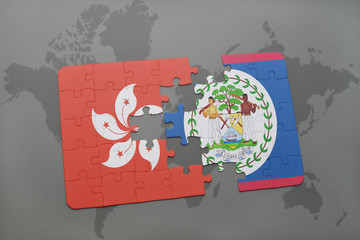 puzzle with the national flag of hong kong and belize on a world map background.