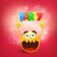 Round yellow smiley face with party title