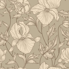 Floral seamless pattern. Flower background. Floral ornamental engraving with iris flowers. Spring flourish garden