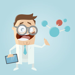funny cartoon scientist with molecule and tablet