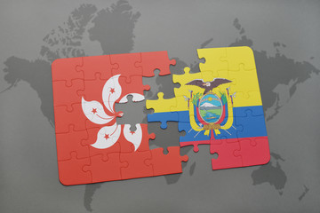 puzzle with the national flag of hong kong and ecuador on a world map background.