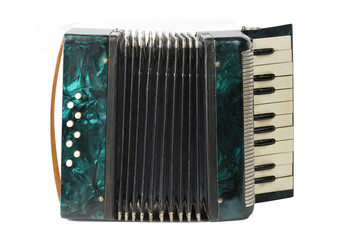 green vintage accordion isolated on white background