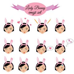 Cute kawaii sexy girl with bunny ears emoji set. Woman face emoticons, design elements, icons for mobile applications, chat and other business