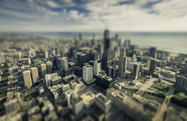 Chicago downtown skyscrapers aerial view. Tilt shift effect