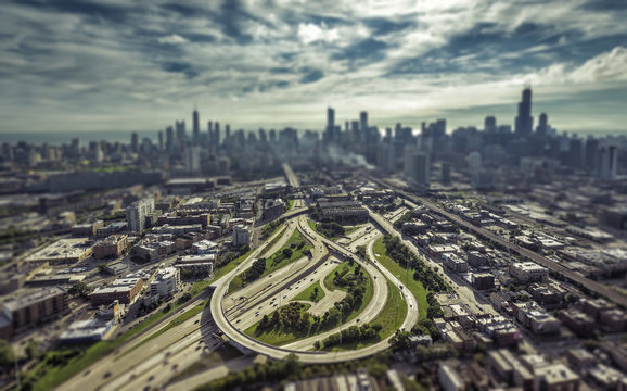 City of Chicago aerial view. Tilt shift effect