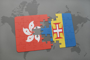 puzzle with the national flag of hong kong and madeira on a world map background.