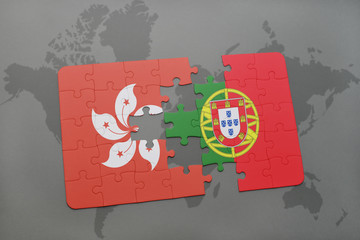 puzzle with the national flag of hong kong and portugal on a world map background.