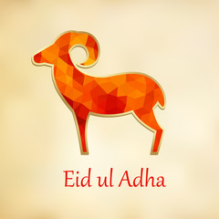 Greeting card, invitation with silhouette of polygonal sheep. Vector illustration background for Eid Ul Adha muslim holiday.