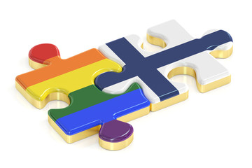Obraz premium Gay Pride Rainbow and Finland puzzles from flags, 3D rendering