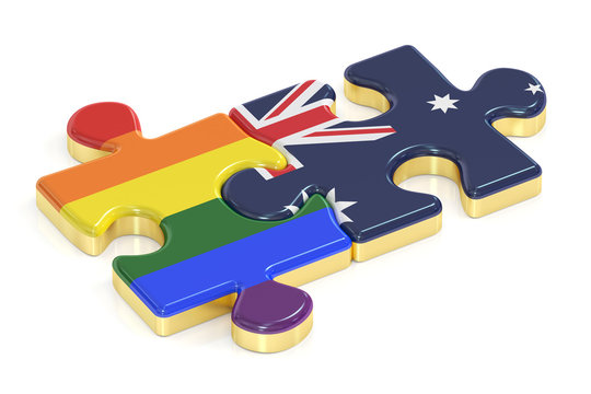 Gay Pride Rainbow and Australia puzzles from flags, 3D rendering