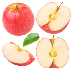 Collection of isolated red apple pieces over white background with clipping path