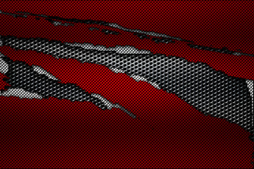 white and red carbon fiber tear on the black metallic mesh. - 119294844
