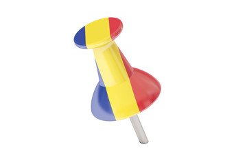 Push pin with flag of Romania, 3D rendering