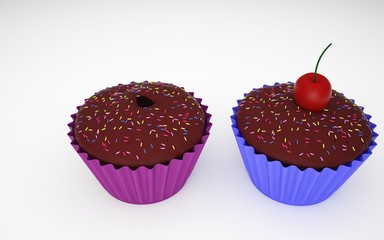 two  pink and blue cupcake 3D white studio 