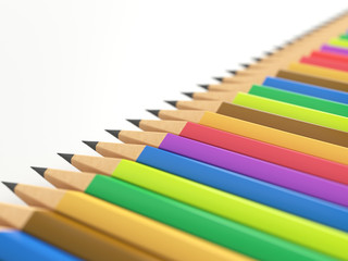 Naklejka premium Color pencils isolated on white background close up with selective focus. Colored style perspective view with free copy space for design or text. Back to school theme. 3d illustration