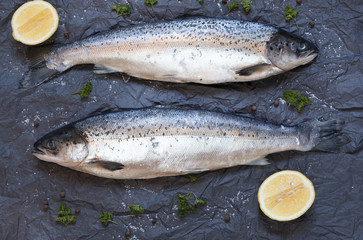 Fresh uncooked fish on black background with lemon, top view