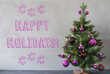 Christmas Tree, Cement Wall, Text Happy Holidays