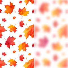 Watercolor painted maple leaves background with blurred glass banner