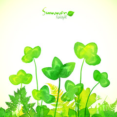 Green watercolor painted summer clover leaves background