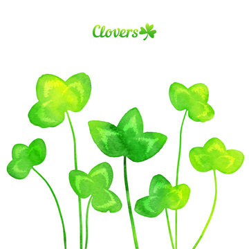 Green watercolor painted summer clover leaves background