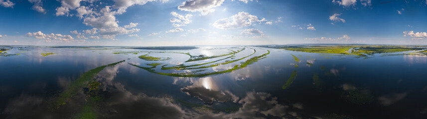 Aerial panorama of the lake with lots of islets