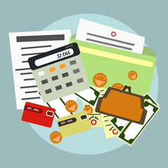 Finance, accounts , delivery . The calculator , documents, money . Vector