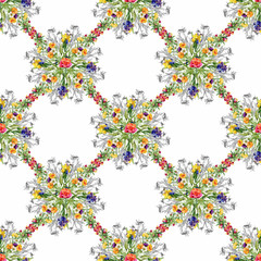 Beautiful Watercolor Summer Garden Blooming Flowers Seamless Pattern.