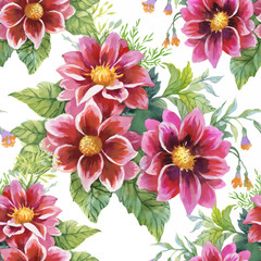 Beautiful Watercolor Summer Garden Blooming Flowers Seamless Pattern.